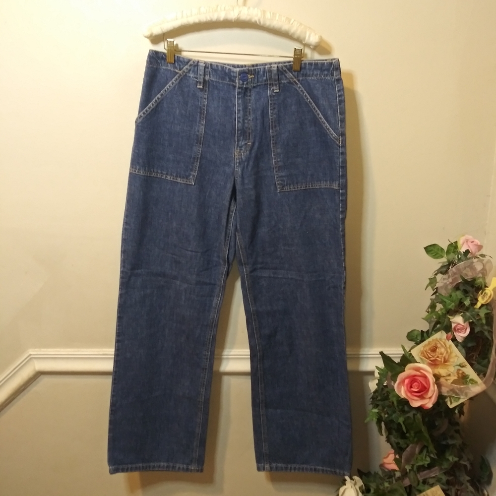 Vintage 2002 Tommy Hilfiger Wide Leg, High Waisted Medium Wash Cargo Jeans - Picture 1 of 10
